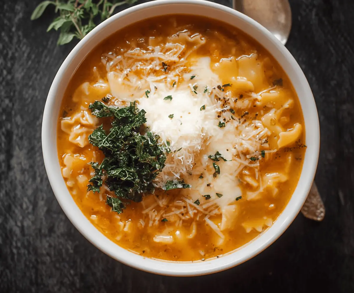 Creamy butternut squash lasagna soup with fresh kale and melted mozzarella cheese in a bowl, served hot and garnished with herbs