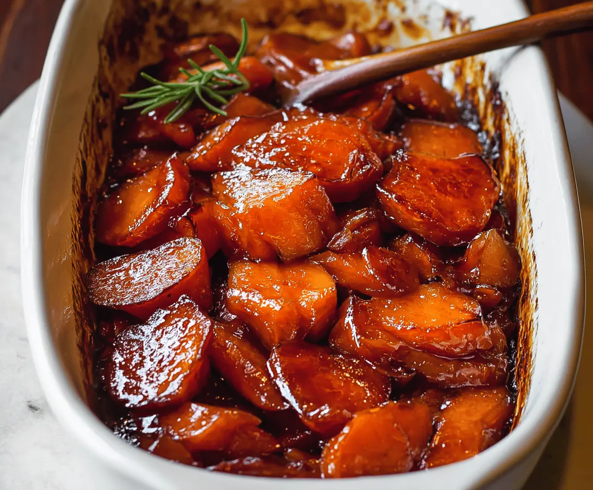Sweet and delicious candied yams topped with brown sugar and marshmallows, served as a comforting holiday side dish.