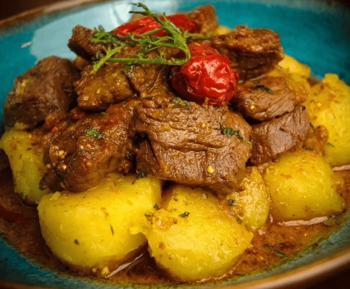 Delicious Carne Con Papas dish with tender meat and crispy potatoes, perfect for a hearty meal.