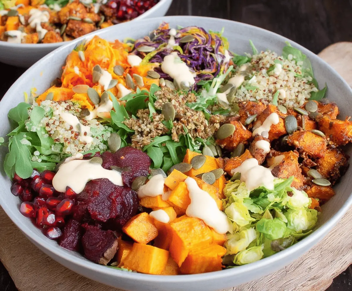 Colorful Buddha Bowl filled with roasted vegetables, quinoa, and fresh greens, perfect for a delicious fall-inspired meal