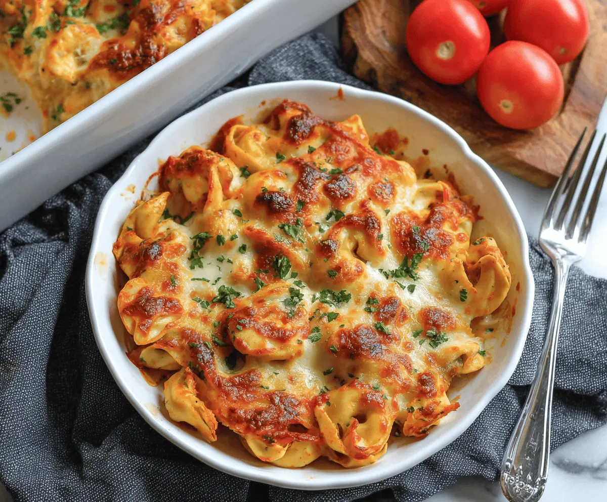 Delicious cheesy baked tortellini topped with melted cheese and fresh herbs, served on a white plate for a hearty Italian-inspired meal.