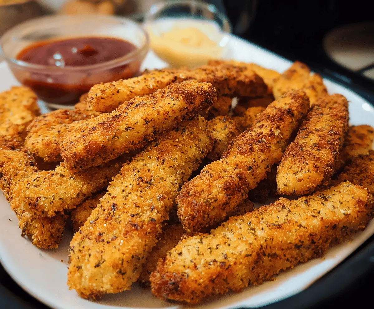 Crispy homemade chicken fries cooked in an air fryer, golden brown and delicious, perfect for a tasty snack or meal.