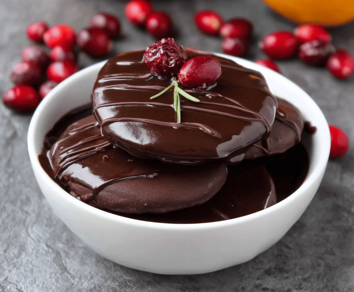 Chocolate-covered cranberry sauce dessert with glossy dark chocolate coating and vibrant red cranberries, perfect for festive treats