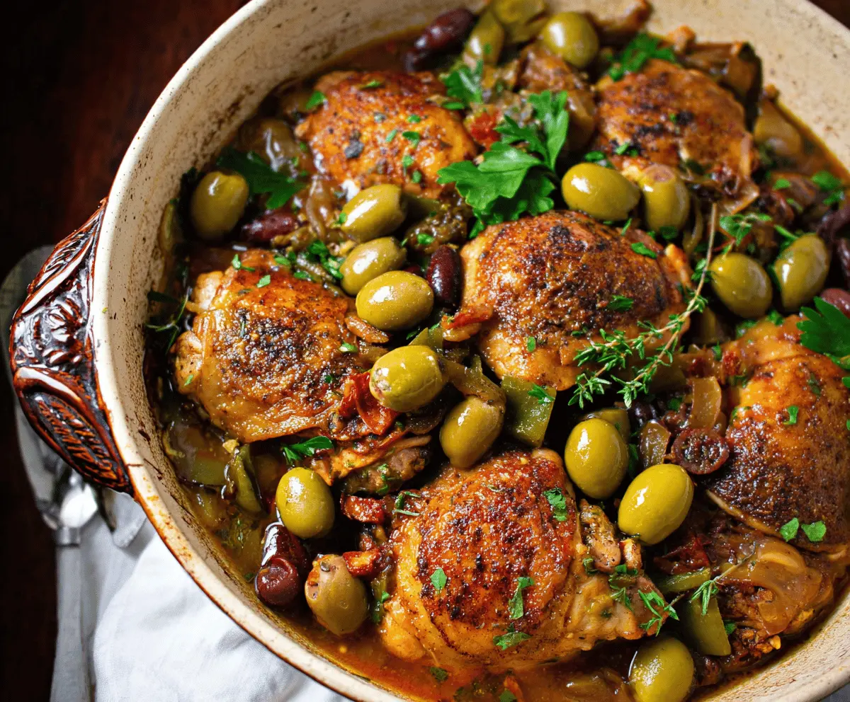 Delicious Crazy Good Chicken and Olives dish with tender chicken pieces and savory olives served on a plate