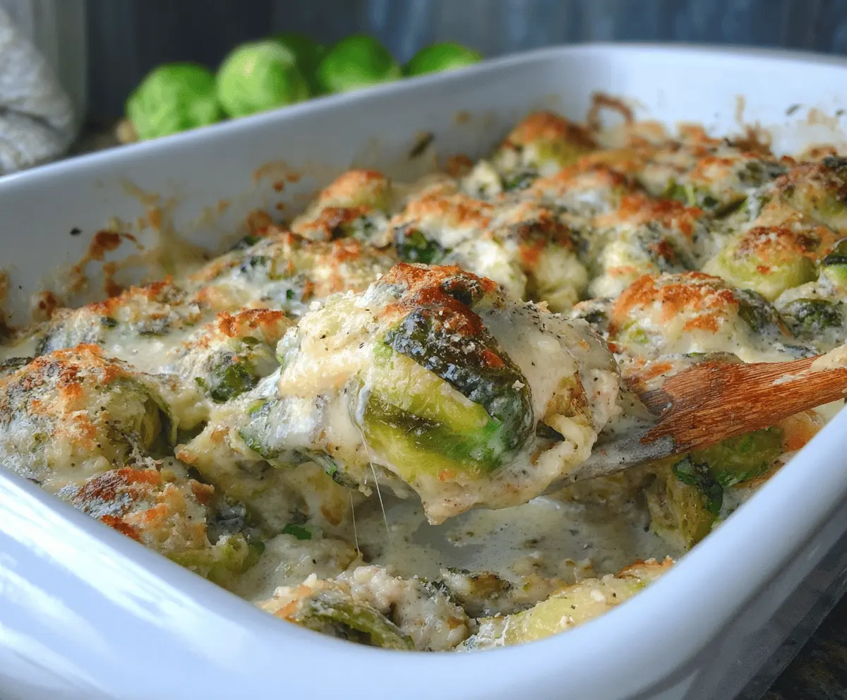 Delicious creamy baked Brussels sprouts served on a white plate, garnished with herbs.