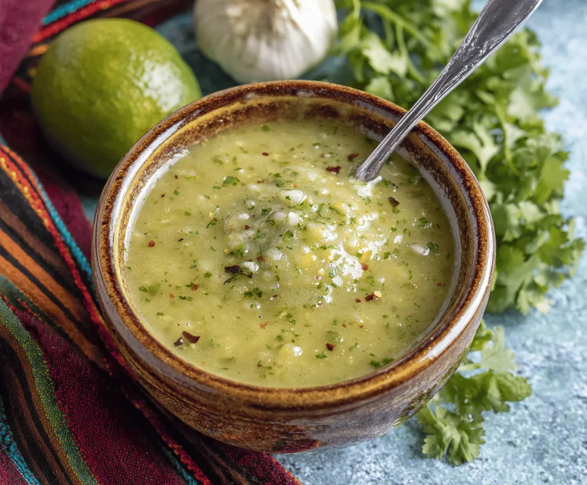 Creamy Tomatillo Sauce in a bowl with fresh cilantro and sliced jalapenos, perfect for dipping or topping dishes.
