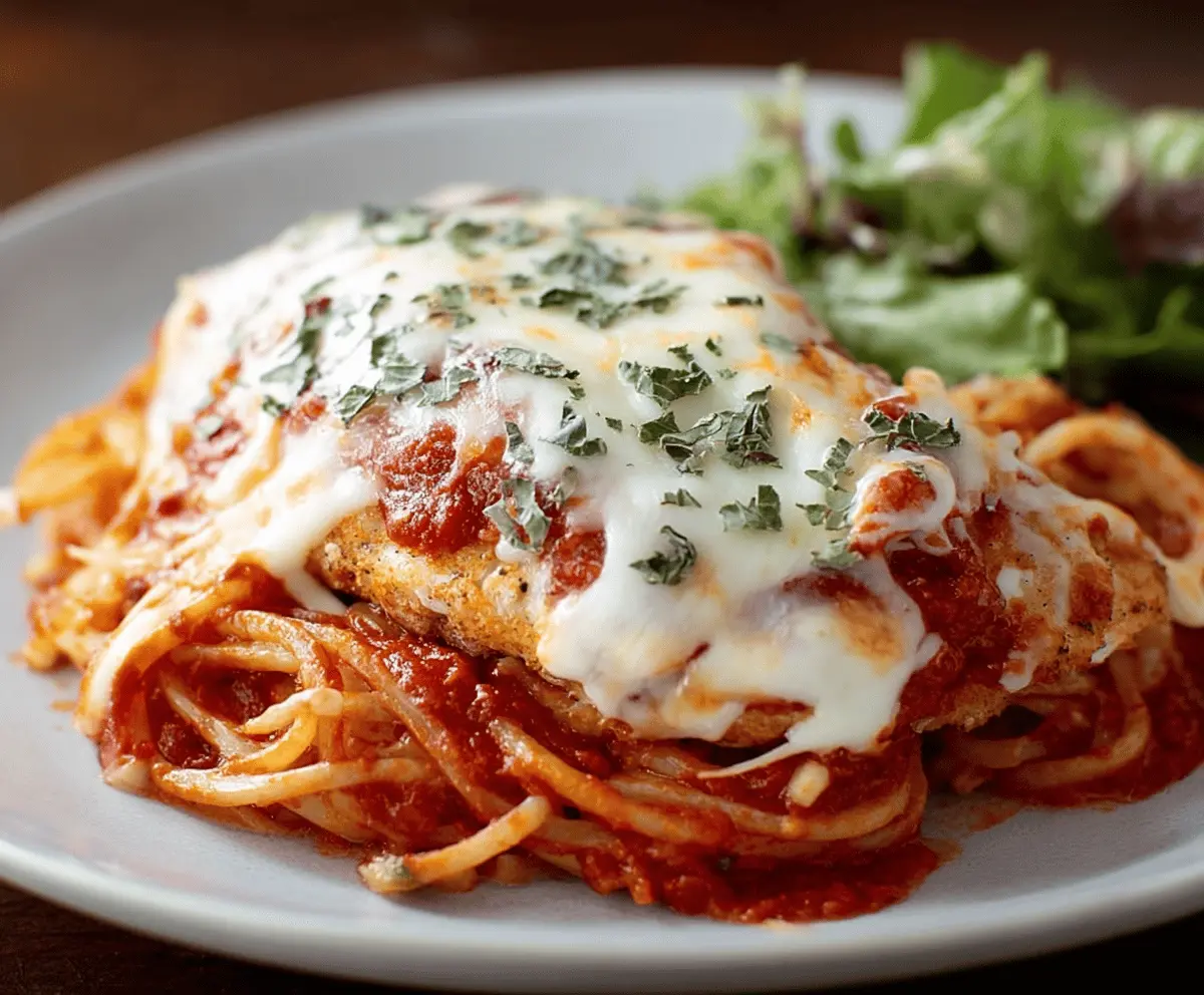 Delicious homemade chicken Parmesan served with marinara sauce and melted cheese