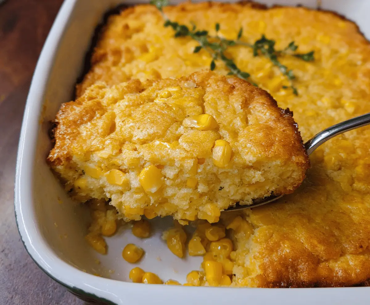 Creamy corn casserole in a baking dish, perfect for Thanksgiving dinner, easy to make and deliciously creamy