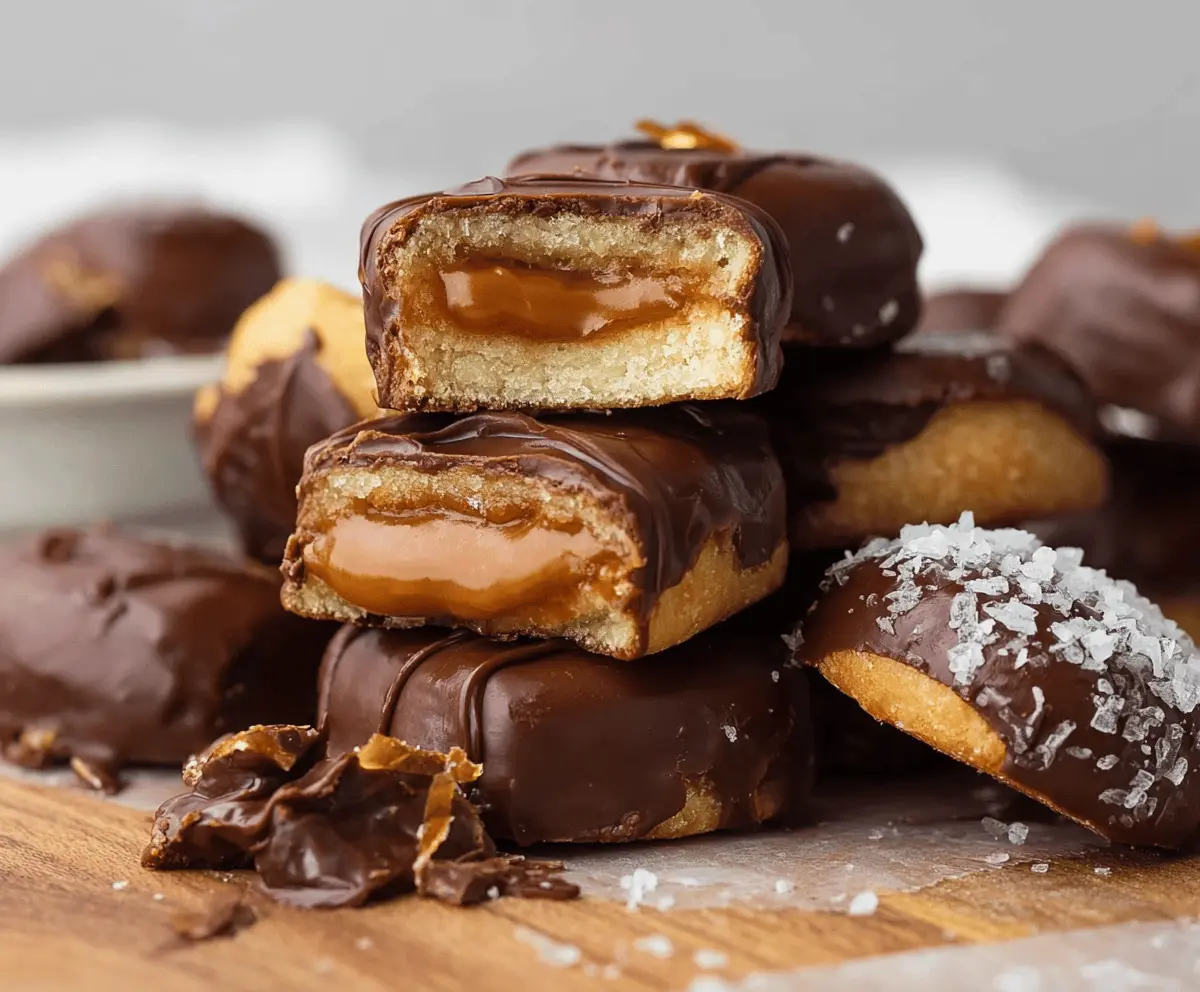 Delicious homemade Twix bites with crunchy cookie center, caramel layer, and smooth chocolate coating on a white background