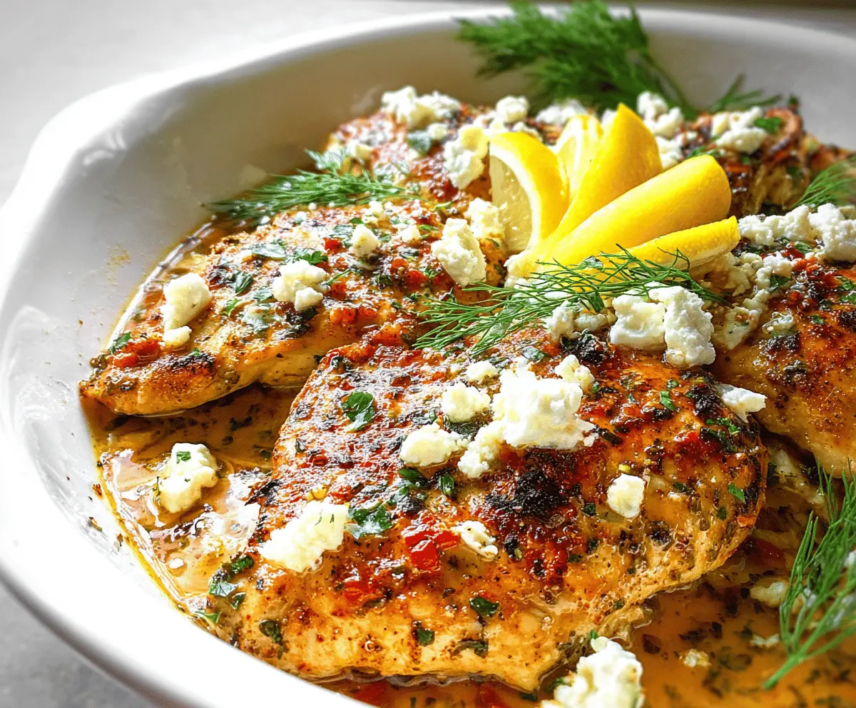 Delicious Greek chicken topped with lemon slices and crumbled feta cheese, served with fresh herbs and vegetables