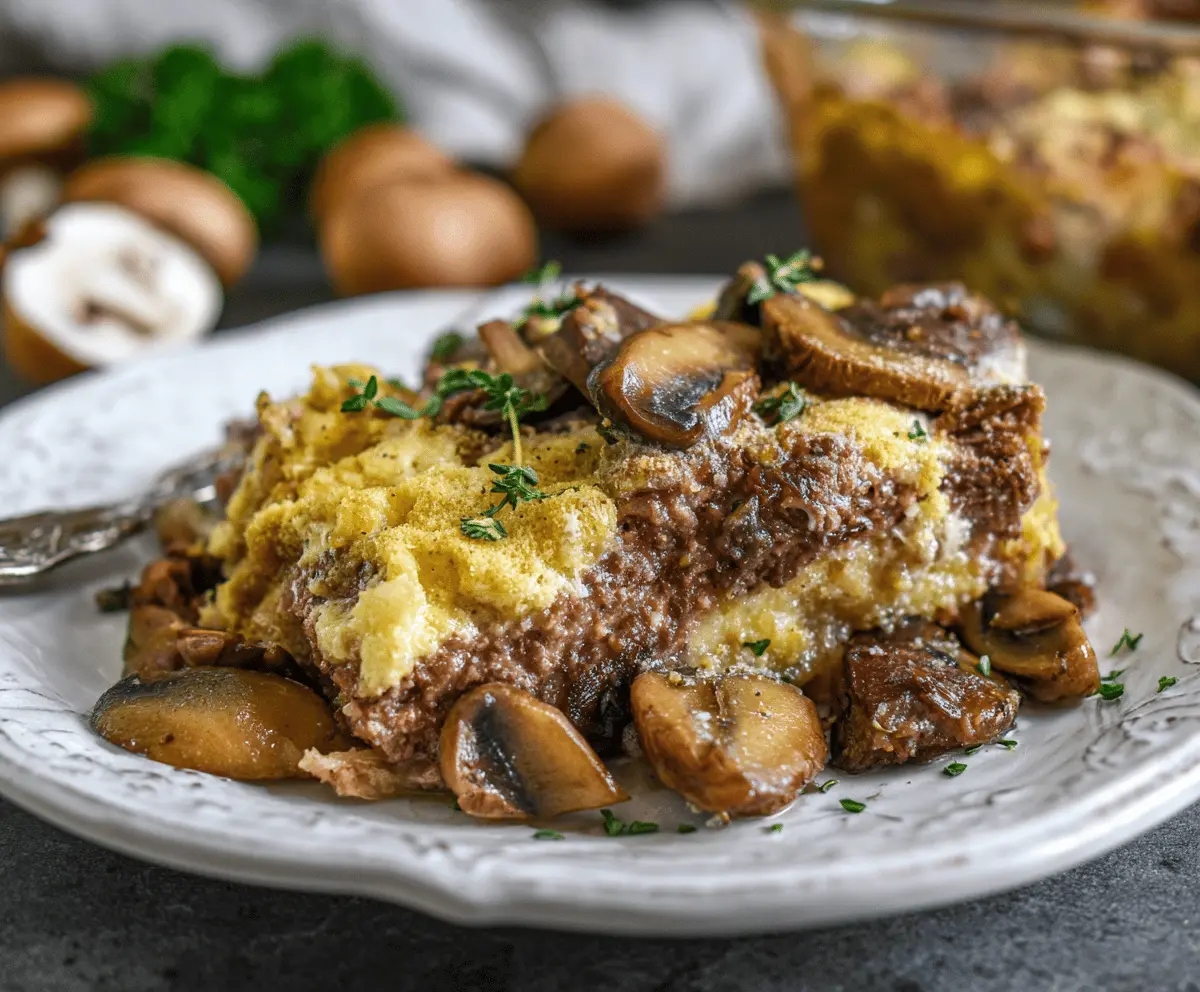 Delicious Hamburger Mushroom Bake topped with melted cheese and fresh herbs, served hot on a white plate.
