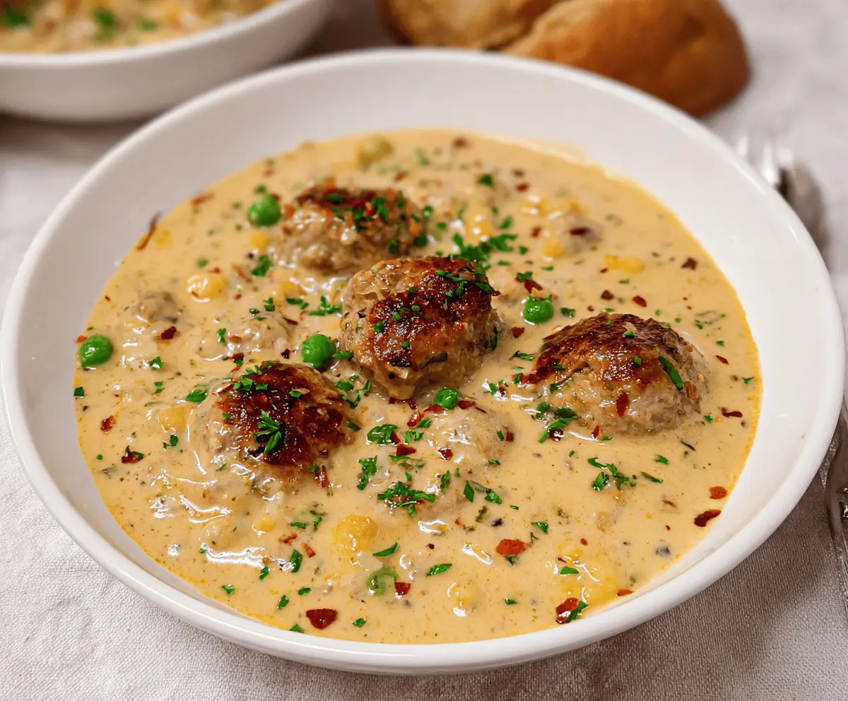A steaming bowl of Hearty Swedish Meatball Soup garnished with fresh herbs, featuring tender meatballs, vegetables, and a flavorful broth, served in a rustic bowl for a comforting meal.