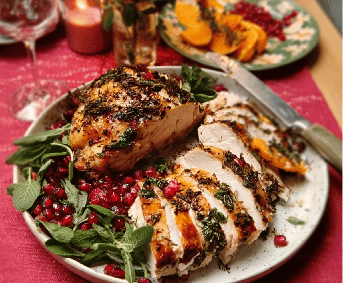 Herb-Roasted Turkey Breast for Christmas Dinner with fresh herbs and golden-brown crispy skin