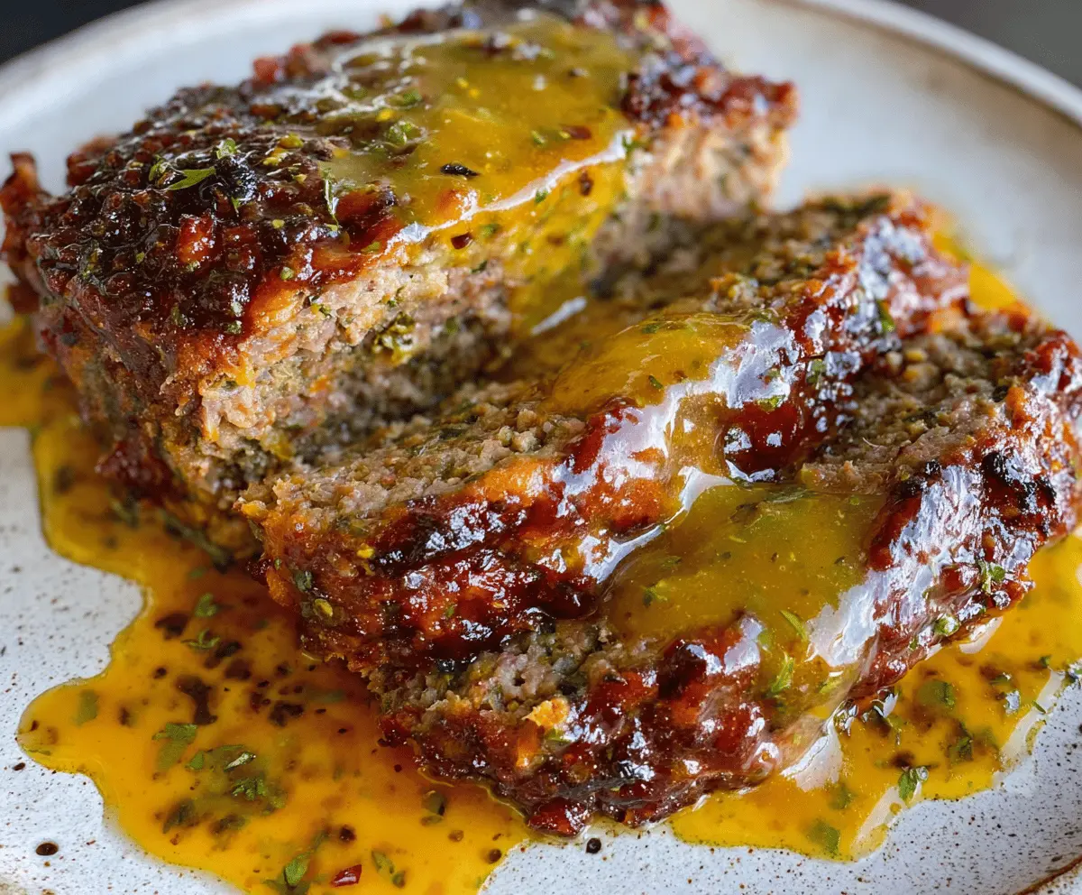 Delicious honey mustard glazed meatloaf served on a plate with fresh herbs, perfect for a savory dinner