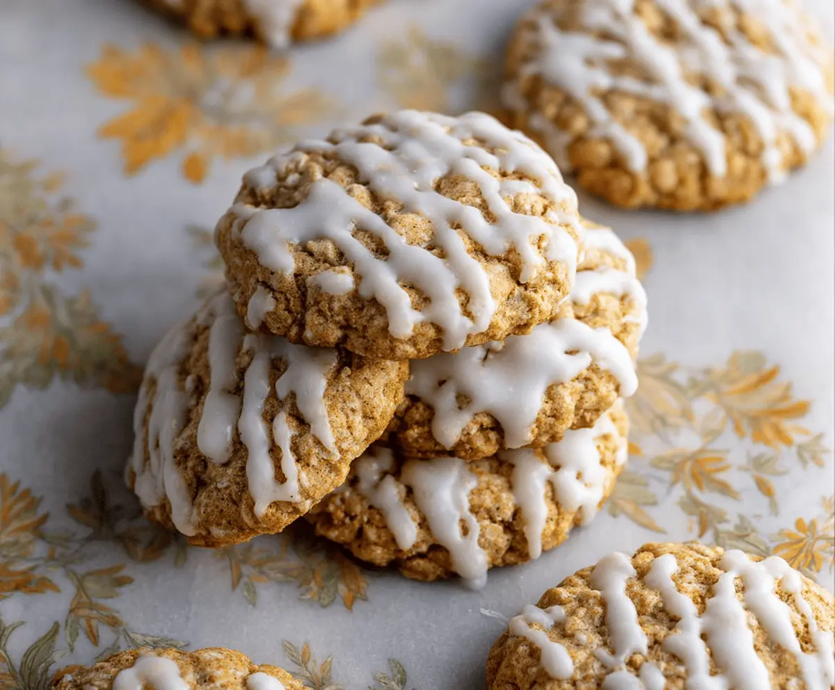 Delicious iced pumpkin oatmeal cookies with a festive seasonal flavor.