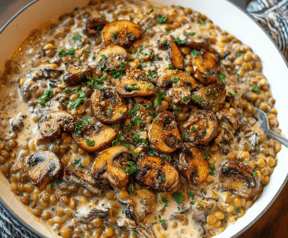 Creamy Lentil Mushroom Stroganoff served in a bowl with fresh herbs, featuring tender lentils, sautéed mushrooms, and a rich, savory sauce perfect for a vegetarian dinner.
