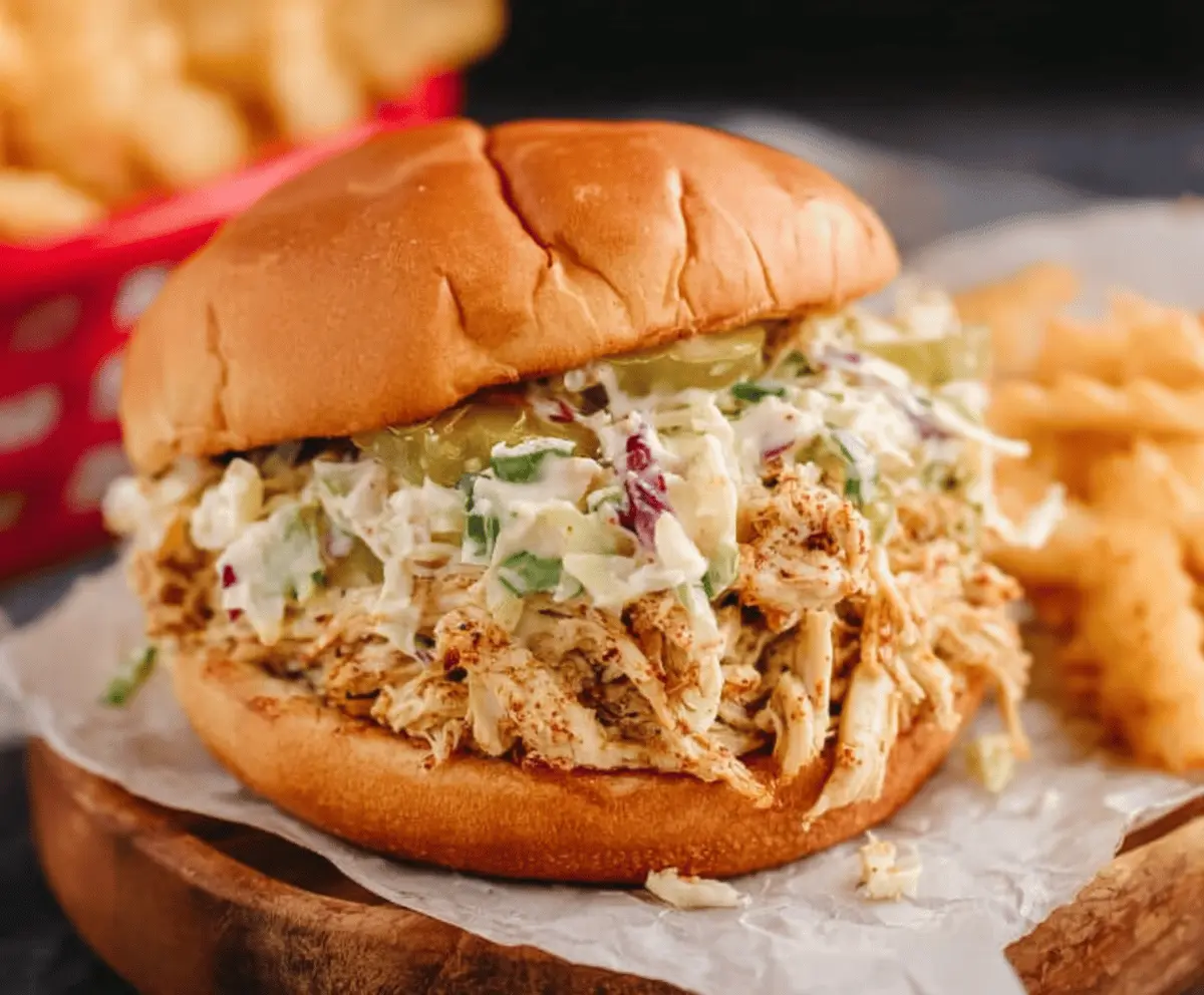 Delicious Ohio Shredded Chicken Sandwich topped with pickles and served on a toasted bun, perfect for a hearty meal.