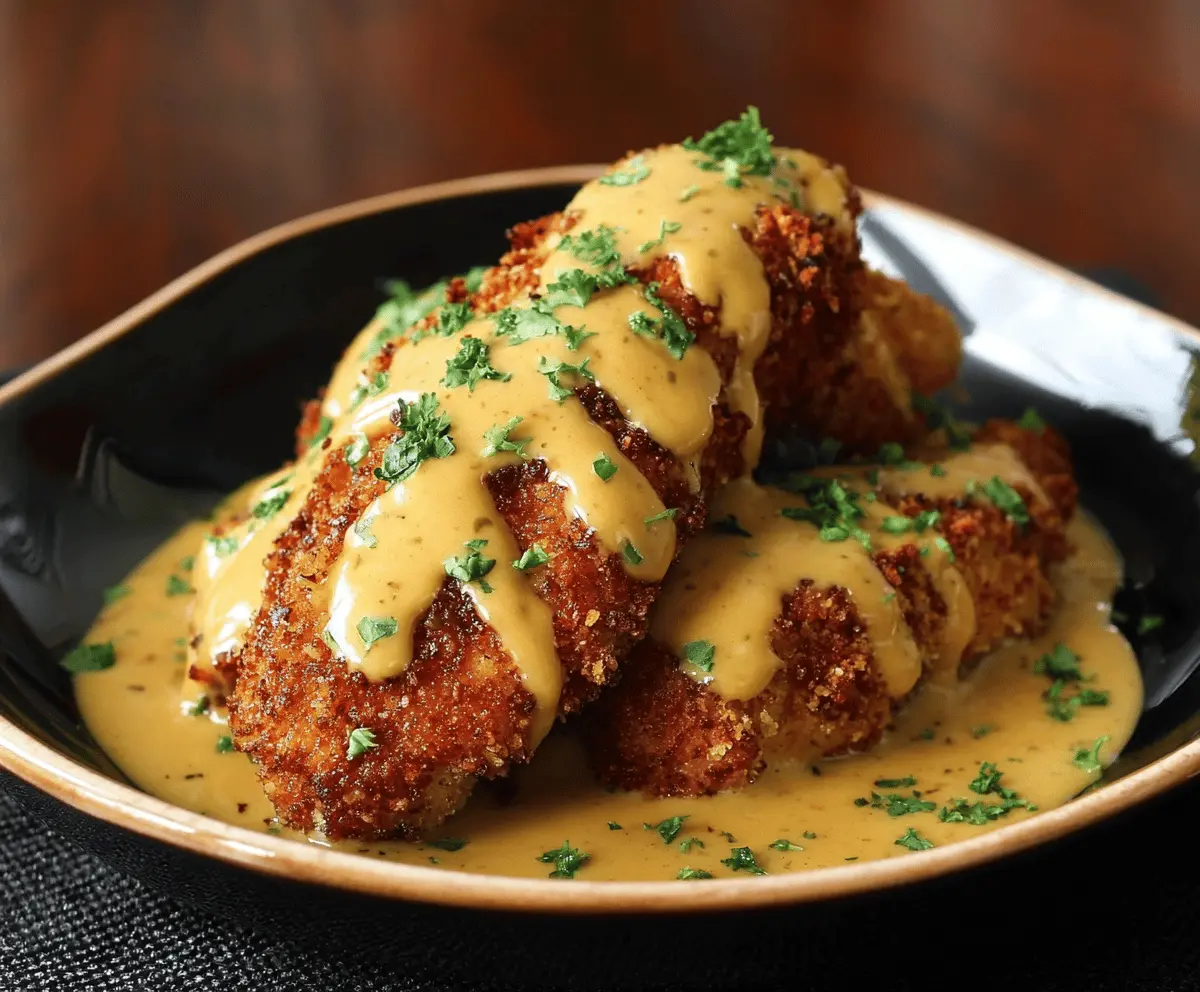Golden-brown pretzel-crusted chicken topped with creamy mustard-cheddar sauce on a rustic plate, served with fresh herbs and lemon wedges.