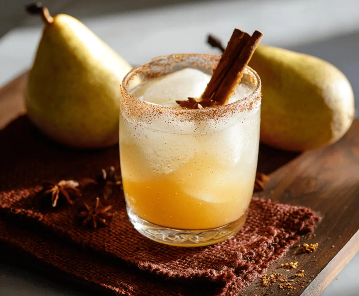 Refreshing Quick Spiced Vanilla Pear Cocktail in a glass garnished with pear slices and cinnamon sticks, perfect for autumn evenings.
