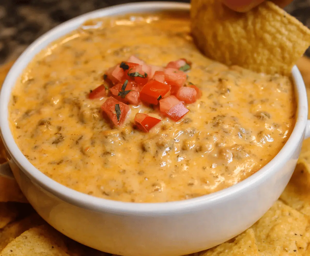 Creamy Rotel Dip made with melted cheese, diced tomatoes, and flavorful seasonings for a delicious appetizer.