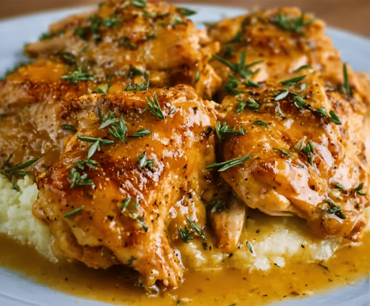 Delicious slow cooker honey mustard chicken served with fresh herbs and vegetables.