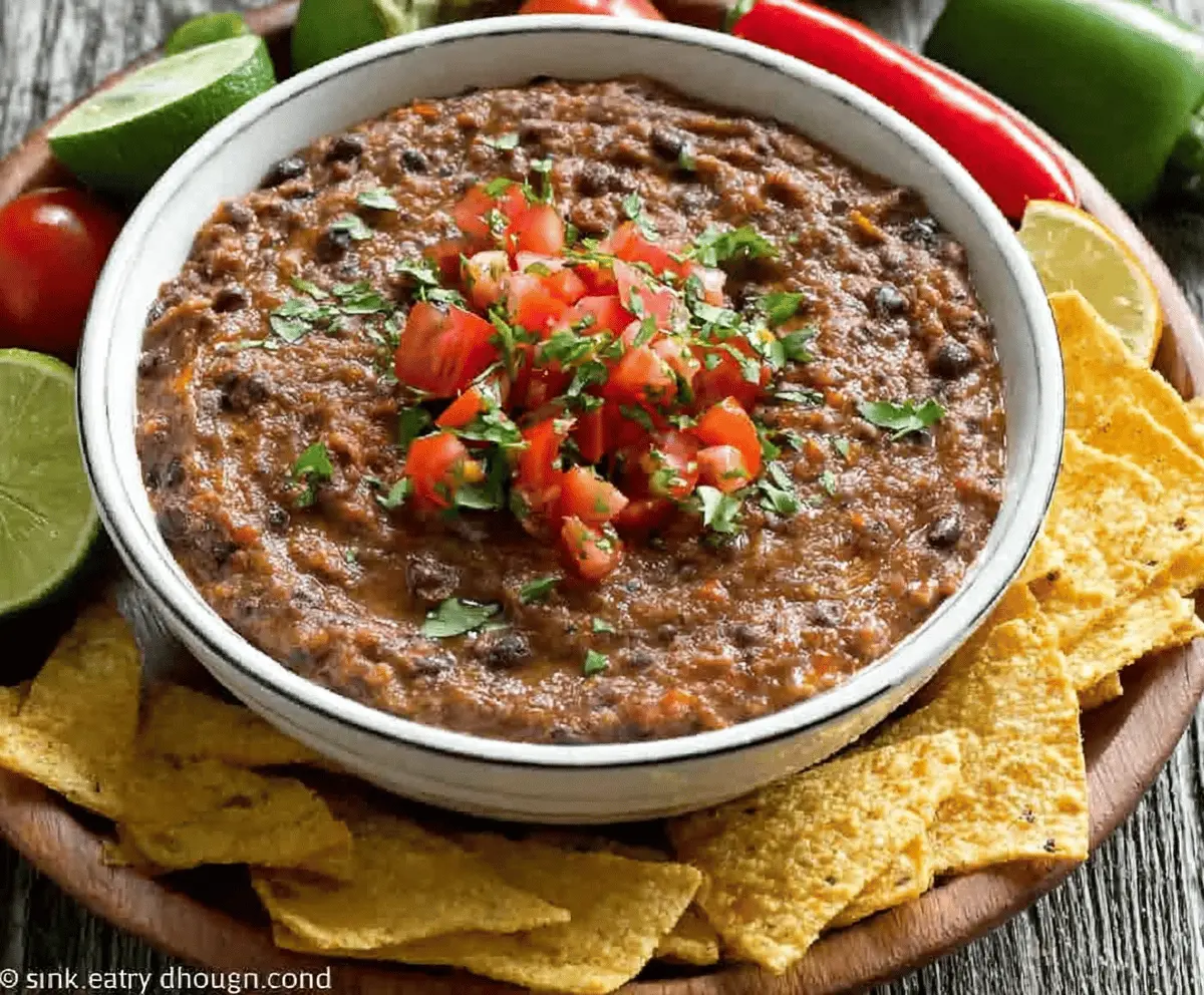 Creamy smoky black bean dip garnished with fresh cilantro and diced tomatoes in a rustic bowl, perfect for dipping or spreading