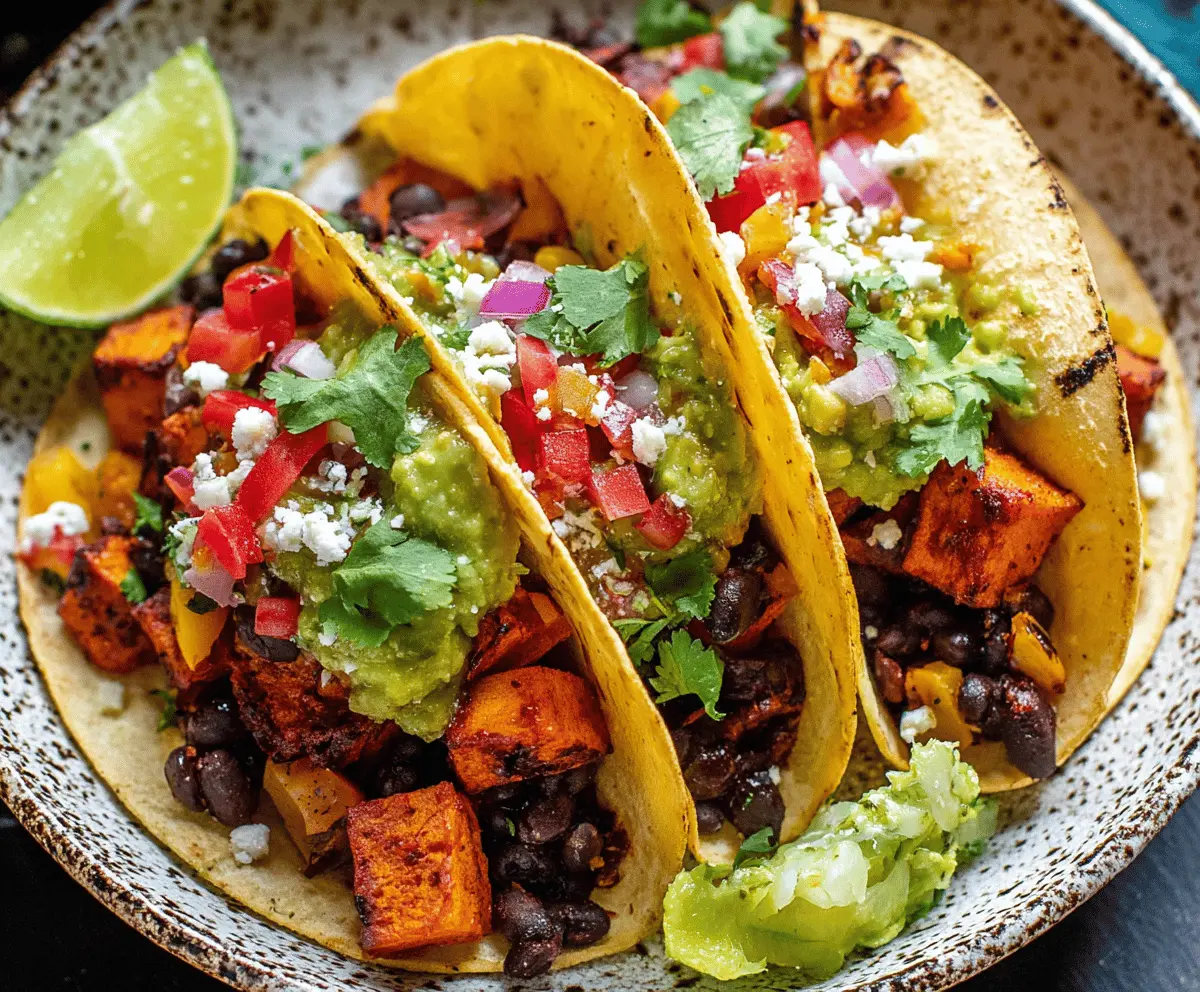 Colorful sweet potato and black bean tacos topped with fresh cilantro and lime slices on a rustic plate, perfect for a healthy vegetarian meal.
