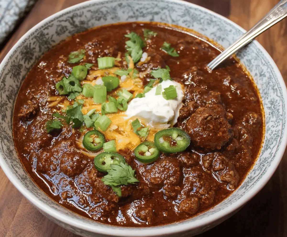 Spicy Texas Style No Bean Chili in a rustic bowl topped with chopped onions and shredded cheese, served with cornbread on a wooden table