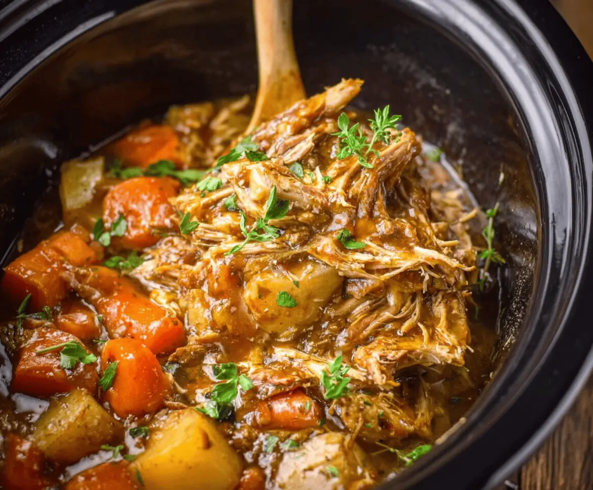 Delicious Thanksgiving Crockpot Chicken Pot Roast with tender vegetables and savory gravy, perfect for holiday dinner