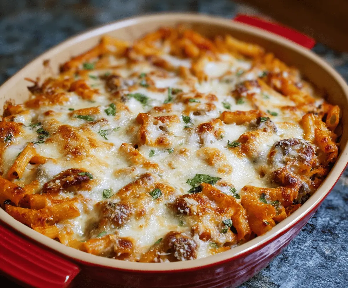 Delicious baked pasta with golden cheese crust and savory sauce served in a vibrant dish.
