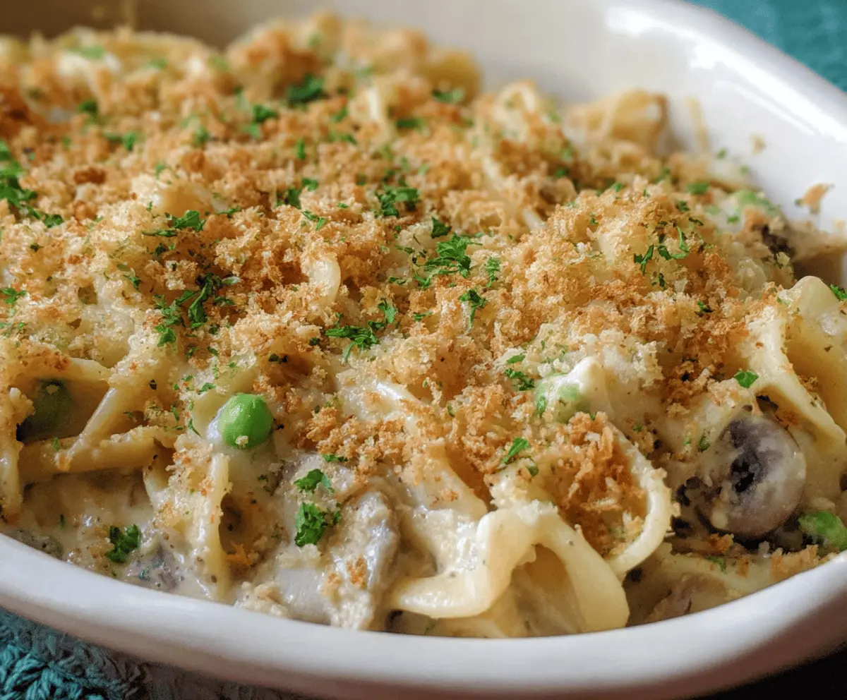 Delicious baked turkey tetrazzini in a savory casserole dish topped with melted cheese.