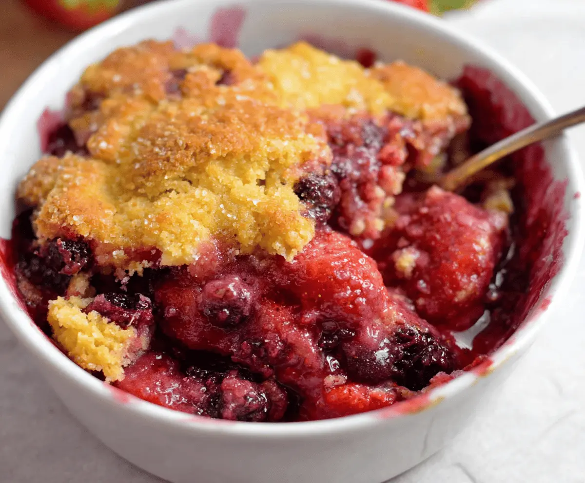 Delicious Berry Cake Mix Cobbler with fresh berries and golden crust, perfect for a sweet dessert.