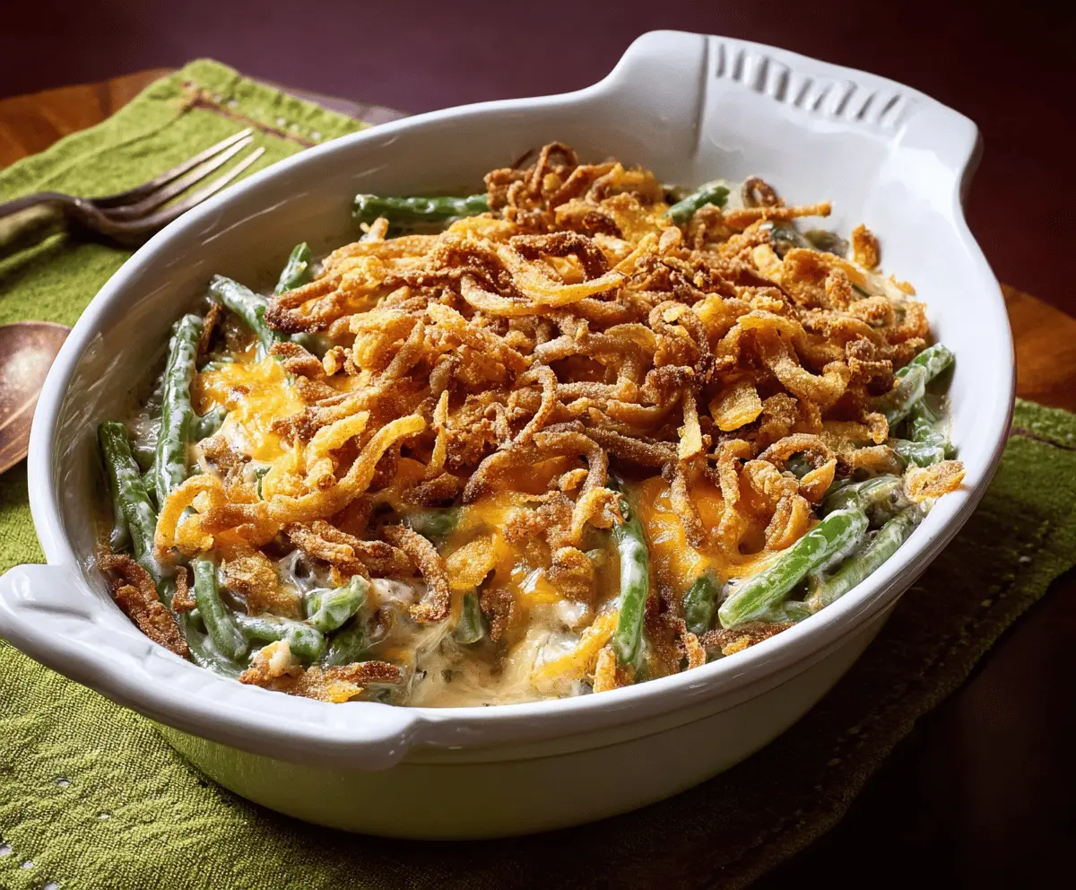Delicious green bean casserole with crispy onions and creamy sauce served in a baking dish.