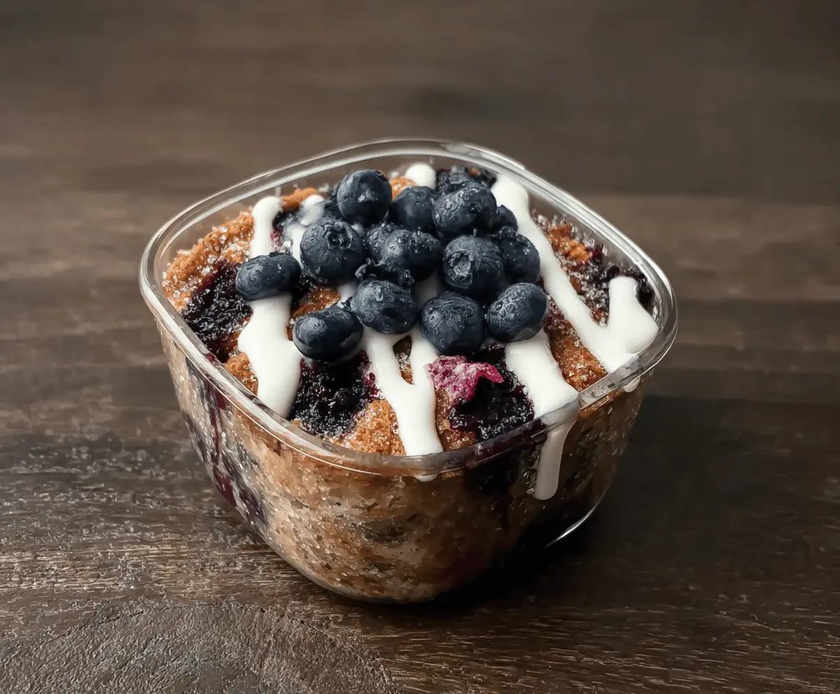 Delicious blueberry muffin bowl topped with fresh blueberries and a sprinkle of powdered sugar, perfect for a healthy breakfast or snack.