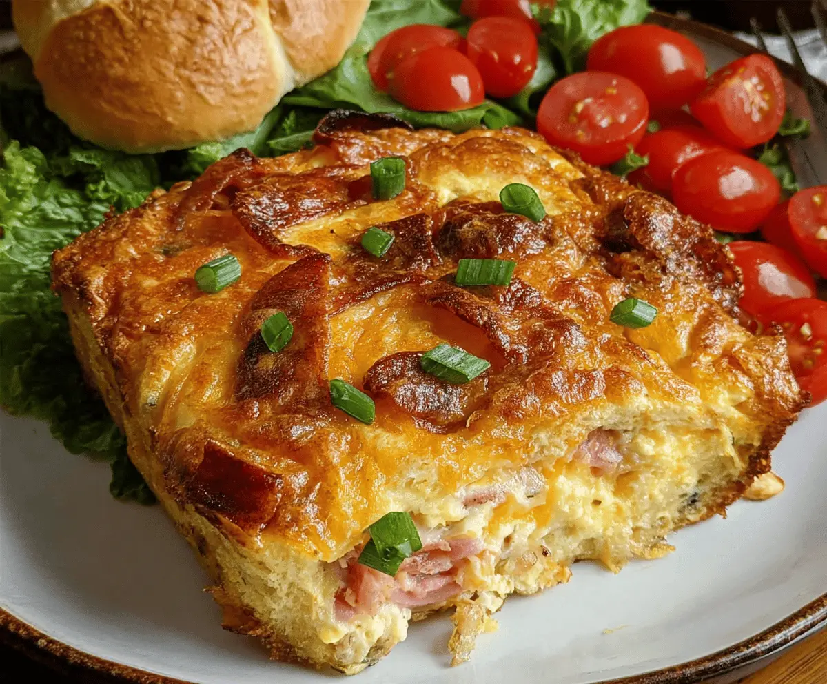 Delicious brunch bake with eggs, cheese, and fresh vegetables in a baking dish.
