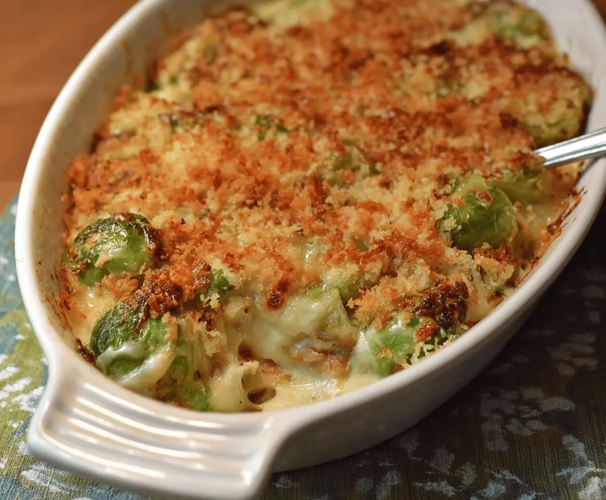 Delicious Brussels Sprouts Gratin topped with melted cheese and crispy breadcrumbs served on a white plate.