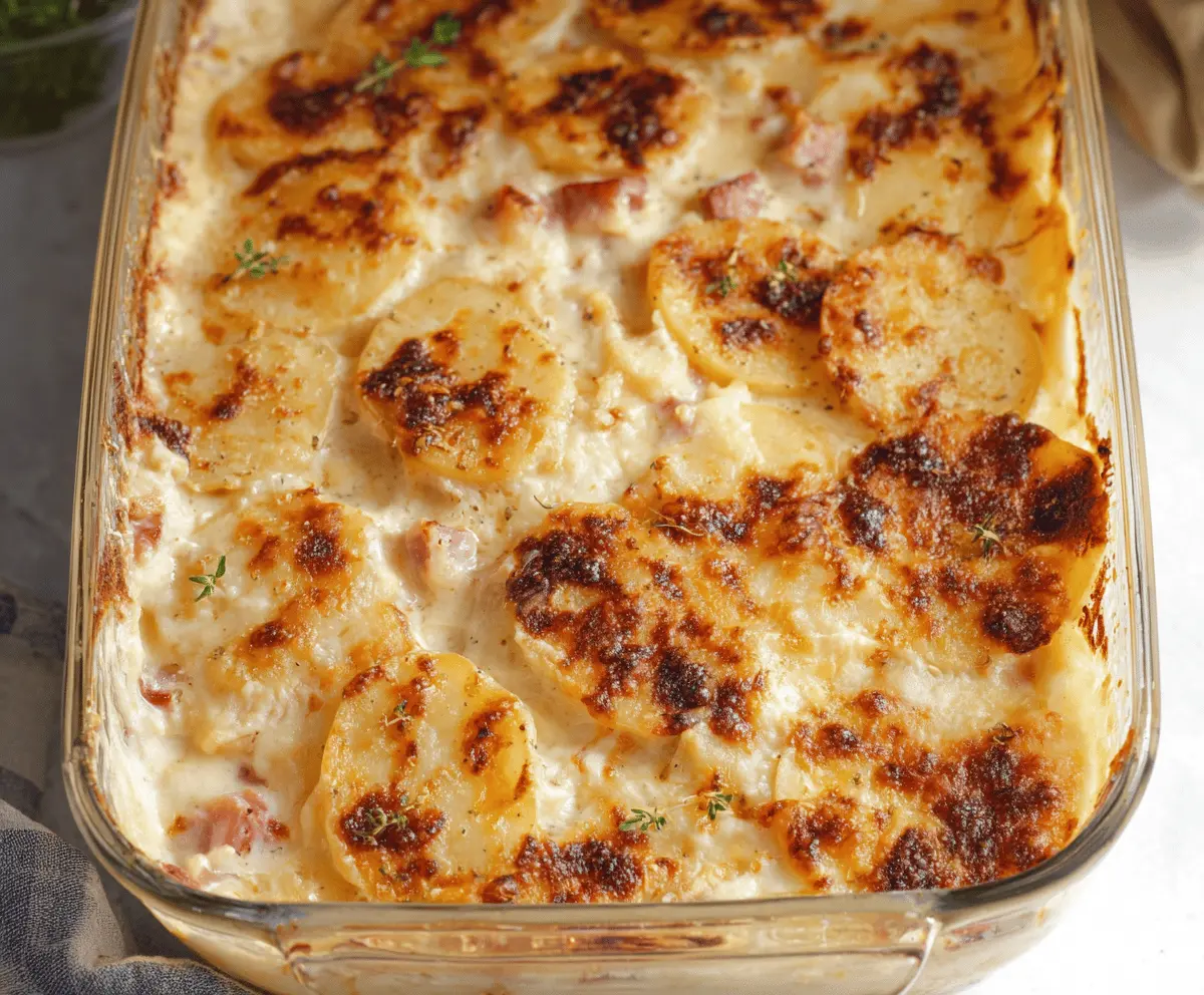 Creamy cheesy scalloped potatoes with tender ham served in a rustic dish.