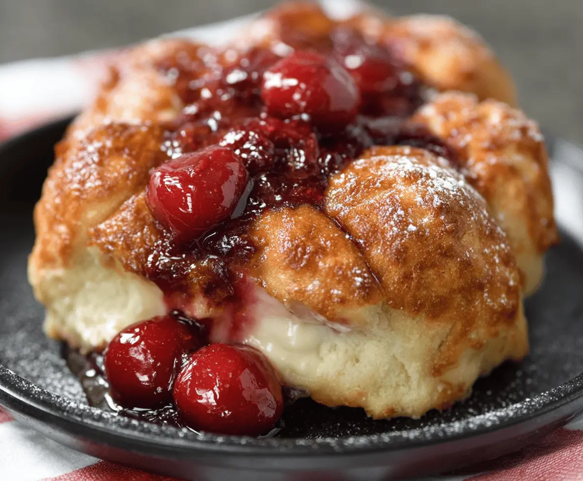 Delicious Cherry Cheesecake Monkey Bread topped with fresh cherries and cream cheese for a sweet dessert.