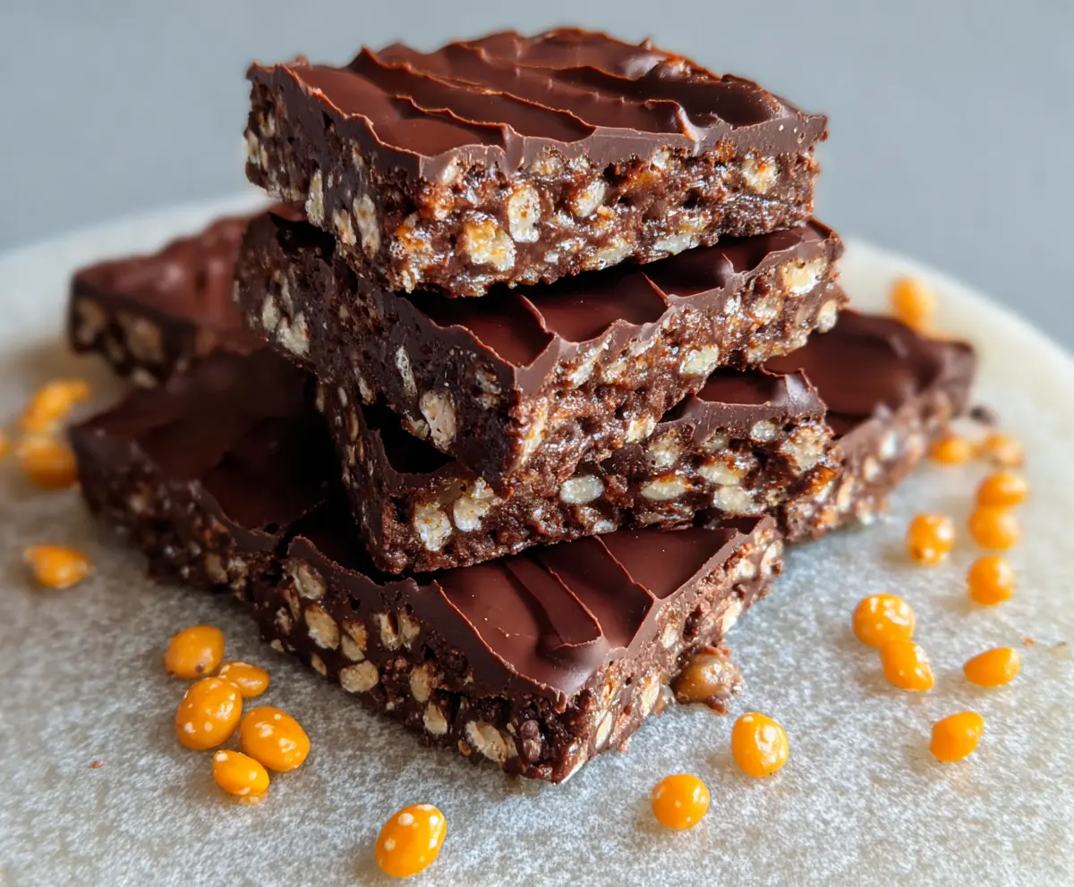 Delicious homemade Chocolate Fudge Crunch Bars with a shiny chocolate glaze and crunchy toppings.