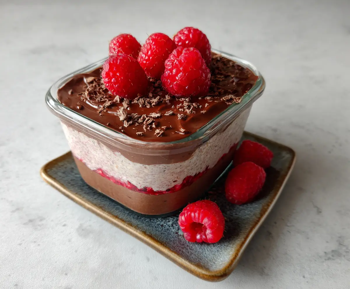 Delicious Chocolate Raspberry Overnight Weetbix in a bowl topped with fresh berries and chocolate shavings.