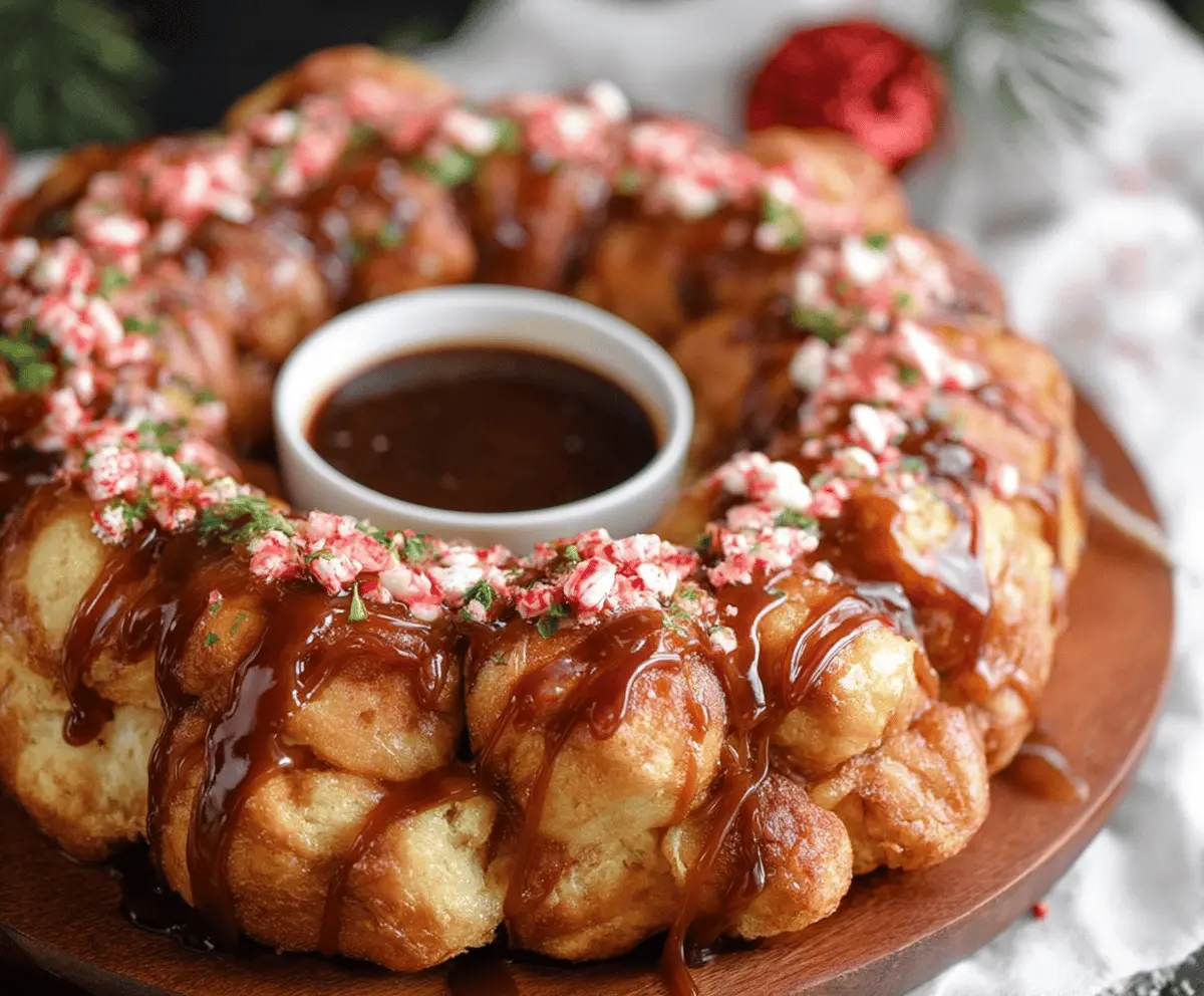 Delicious homemade Christmas Monkey Bread topped with festive icing and colorful sprinkles