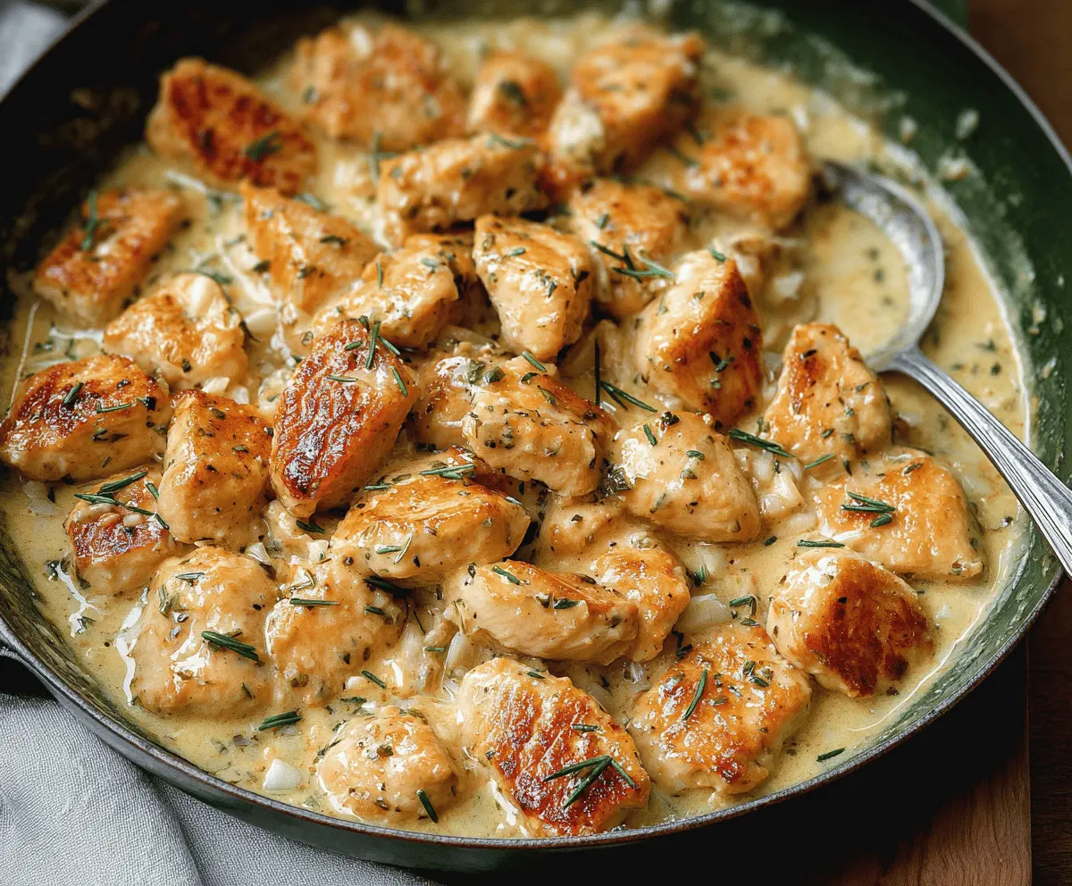 Delicious creamy garlic chicken bites served on a plate with fresh herbs