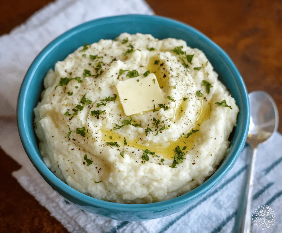 Creamy mashed cauliflower served in a white bowl, garnished with herbs, perfect for a healthy side dish.