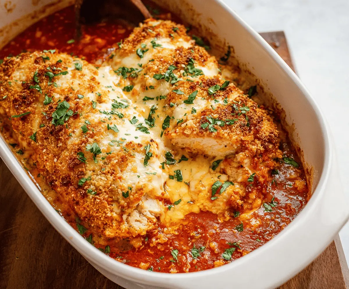 Delicious crispy chicken Parmesan casserole garnished with fresh basil on a white plate.