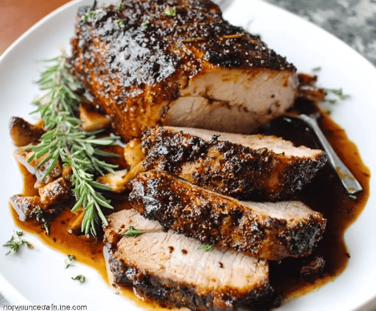 Juicy garlic balsamic pork loin cooking in a crock pot, perfect for a delicious dinner.