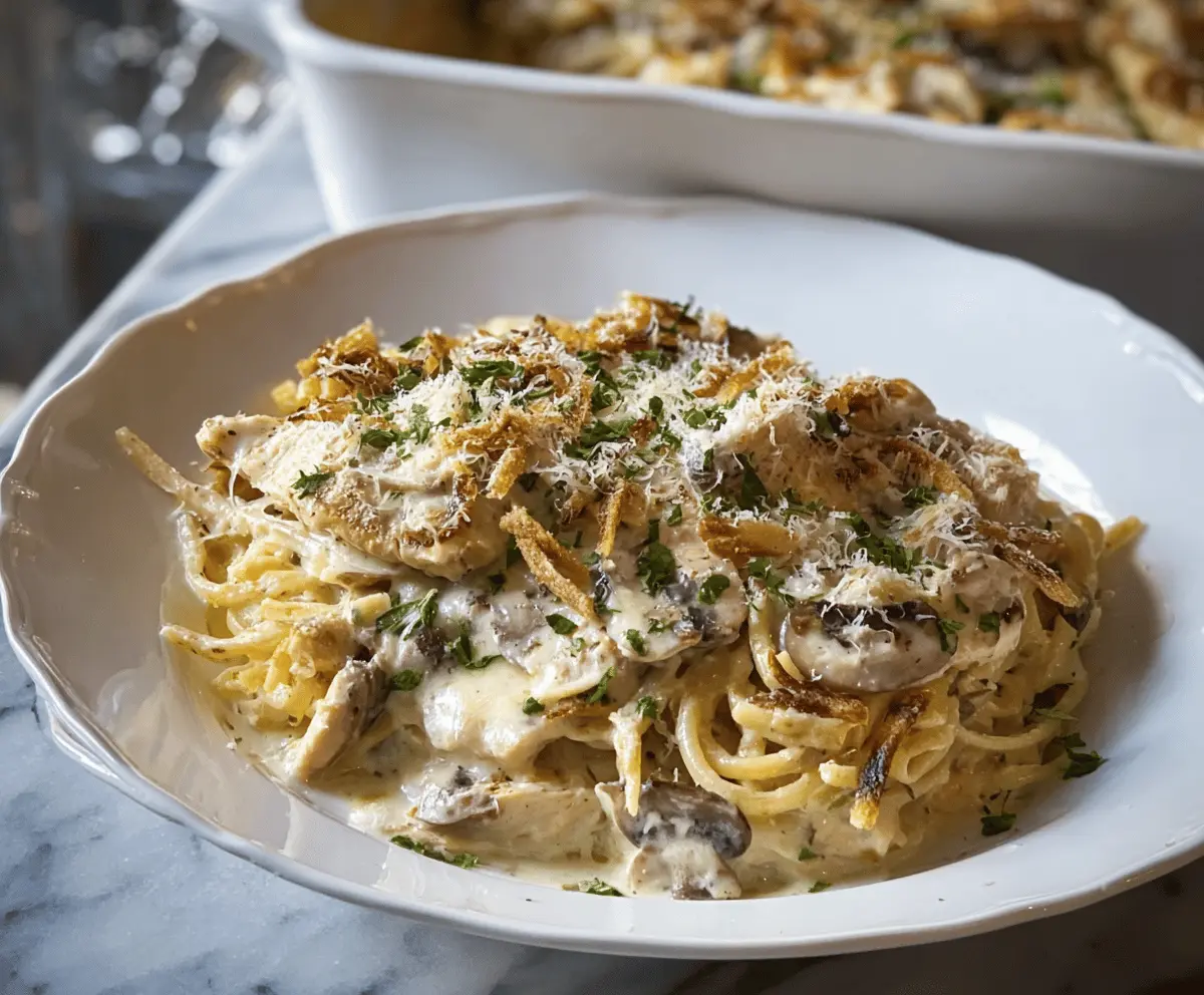 Delicious Easy Turkey Tetrazzini in a bowl, featuring creamy pasta, turkey, and herbs.