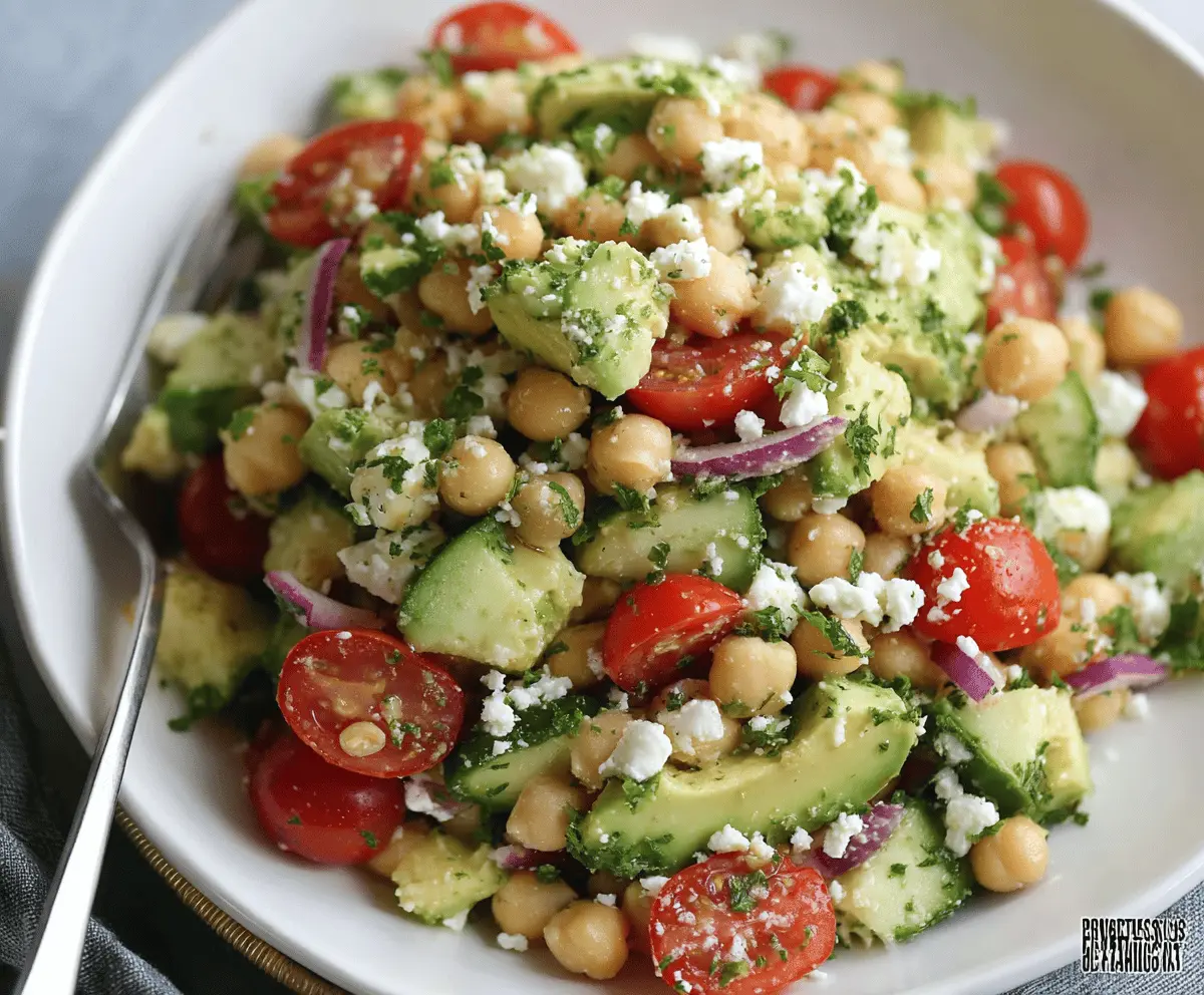 Fresh feta, avocado, and chickpea salad served in a bowl, highlighting a healthy, Mediterranean-inspired dish.