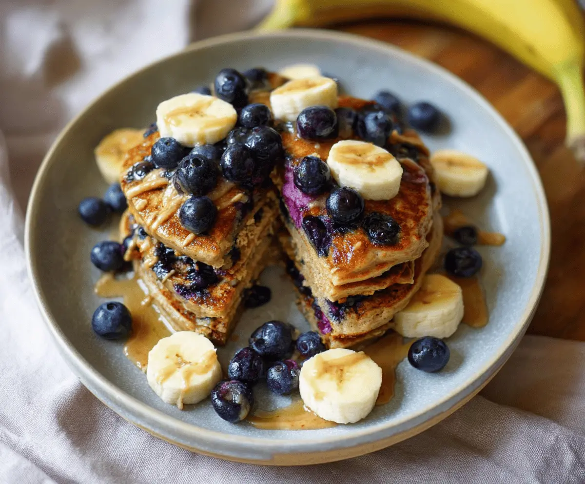 Delicious fluffy vegan blueberry pancakes stacked on a plate with fresh blueberries and maple syrup.