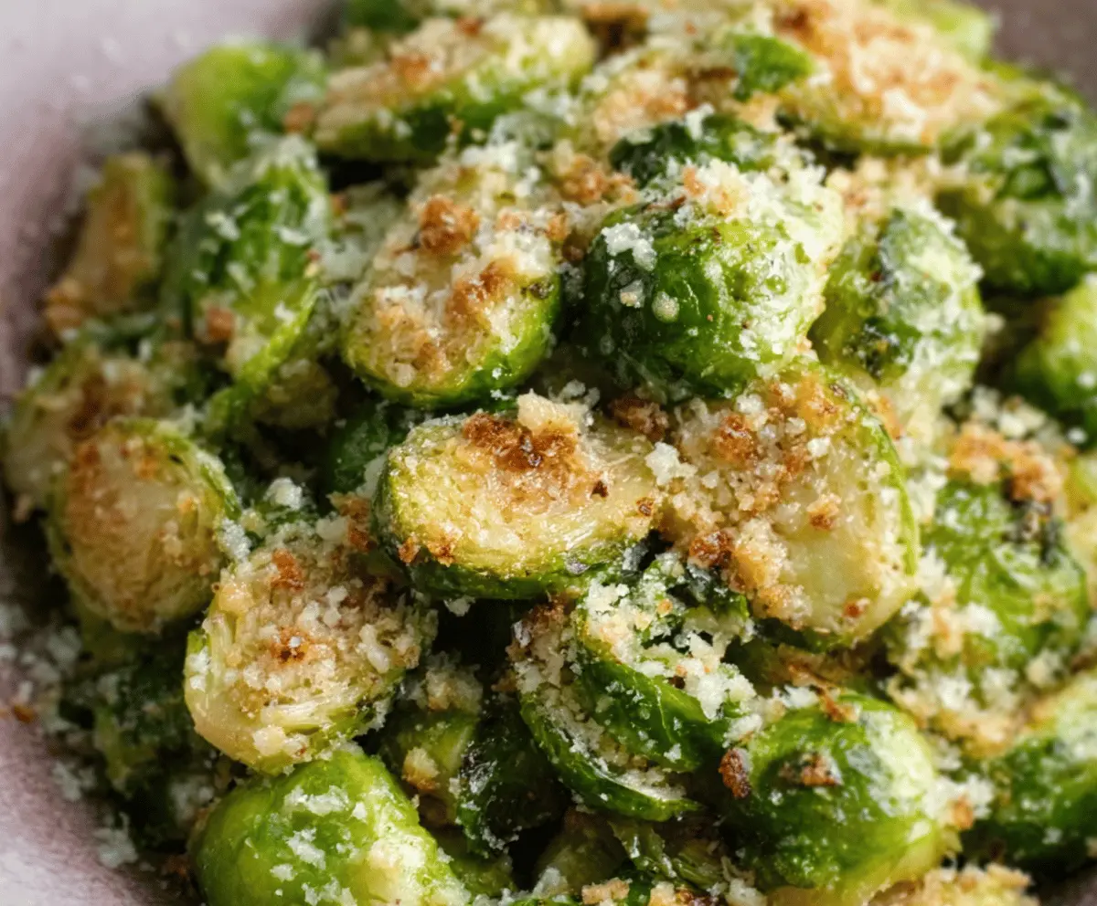 Crispy Garlic Parmesan Roasted Brussels Sprouts on a plate, garnished with fresh herbs.