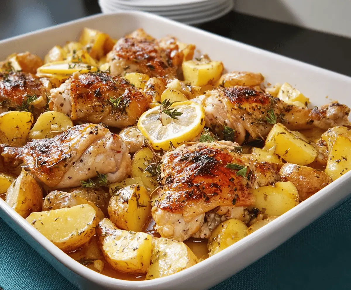 Delicious Greek Lemon Chicken served with roasted potatoes on a plate.